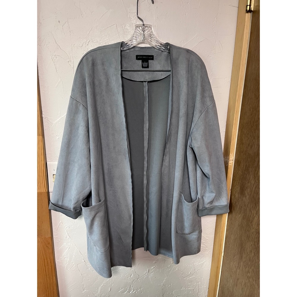 Joan Vass New York Womens Large Faux Suede Open Front Cardigan Jacket Blue Grey